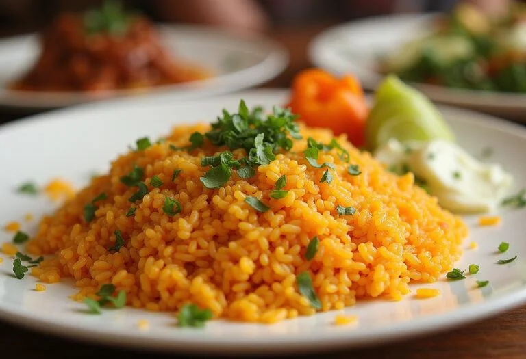 Finished Arroz Sabroz garnished with herbs, perfect for a hearty meal.