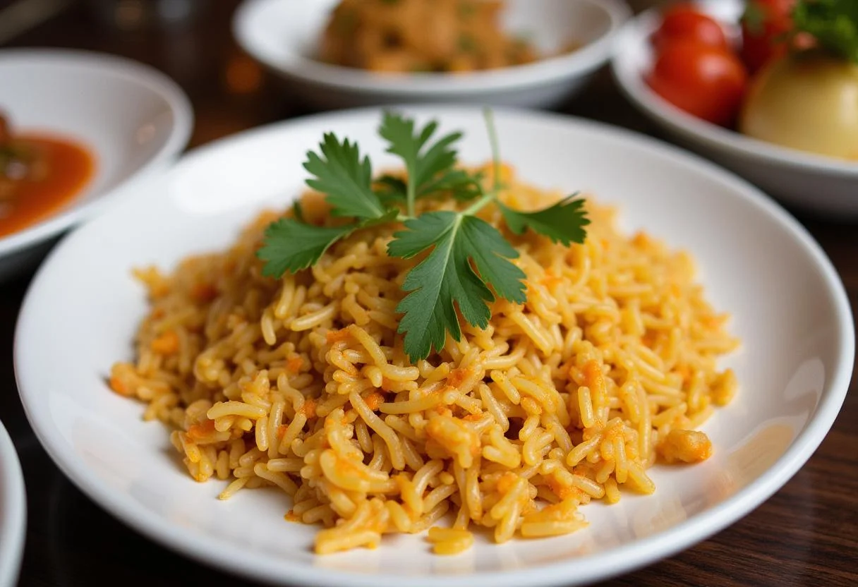 Arroz Sabroz terminado y adornado con hierbas, perfecto para una comida reconfortante.