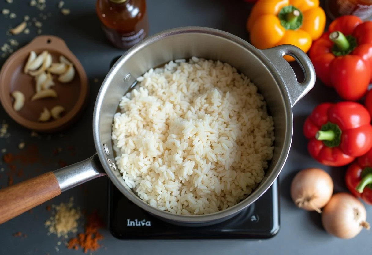 Remojando arroz para la receta de Arroz Sabroz con ingredientes como ajo y cebolla.