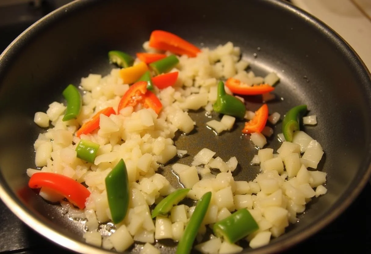 Sofriendo cebollas, ajo y pimientos para la receta de Arroz Sabroz en una sartén.