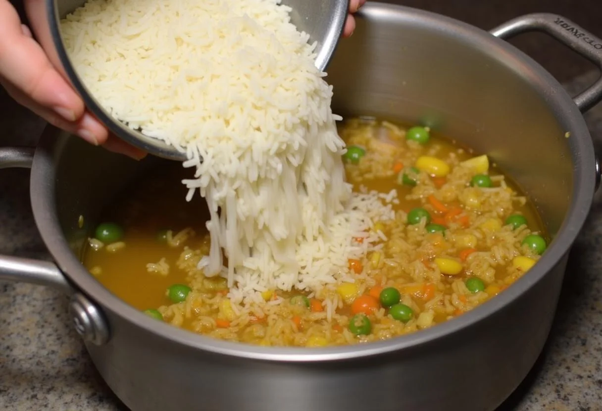 Añadiendo arroz al caldo para una preparación sabrosa del plato de Arroz Sabroz.