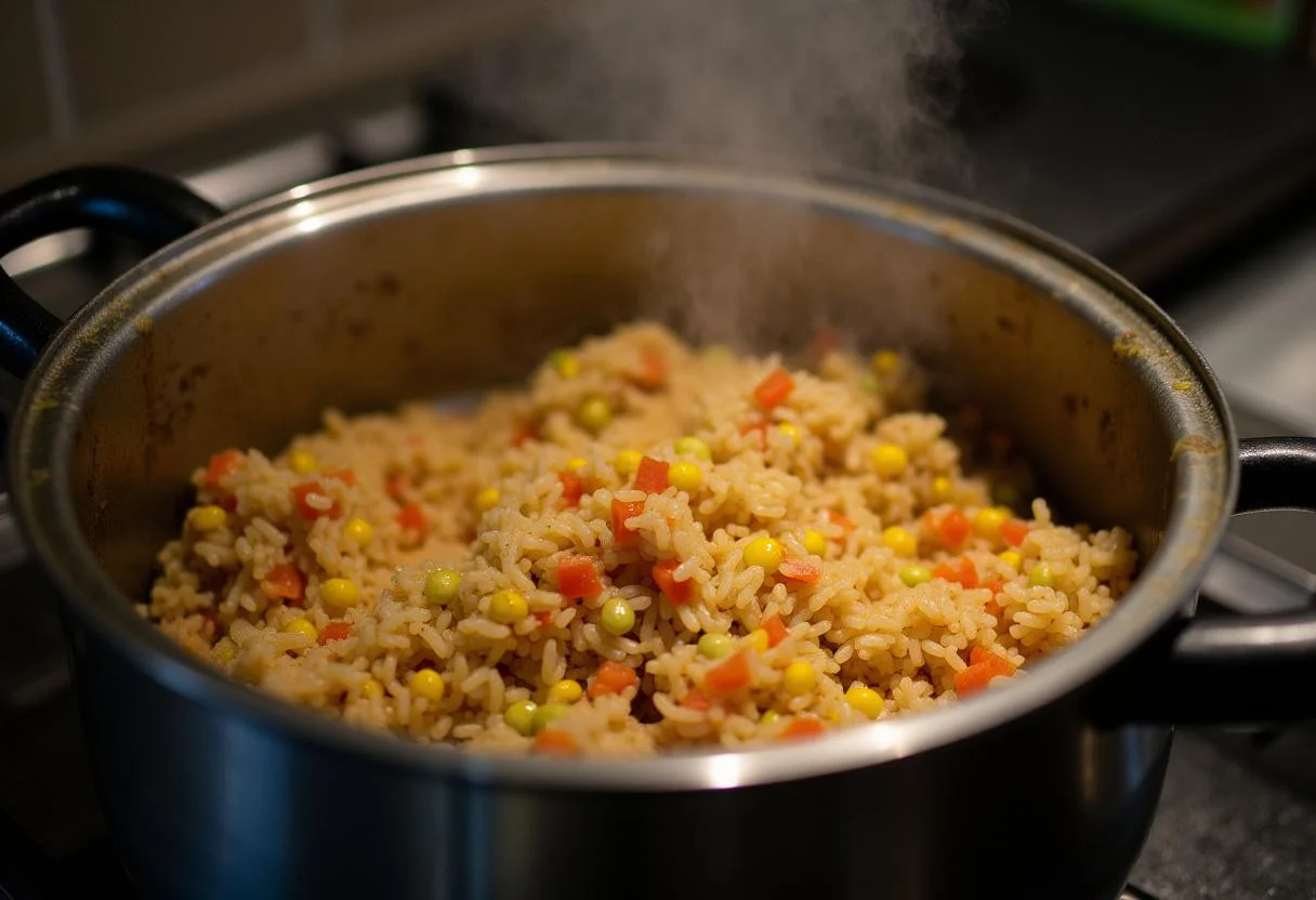 Olla de Arroz Sabroz cociéndose a fuego lento en la estufa, con hermosos colores de especias y vegetales.