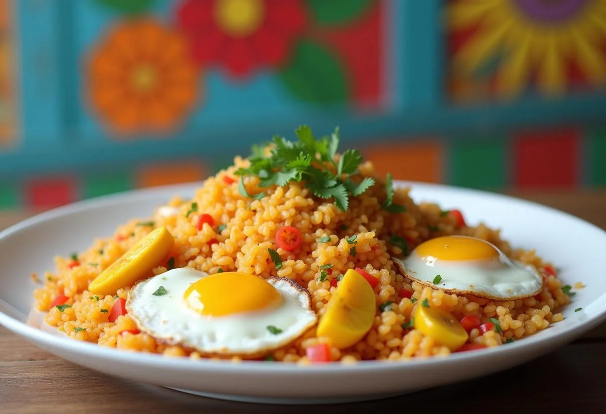Delicioso Arroz a la Cubana Thermomix servido elegantemente para una comida llena de sabor.