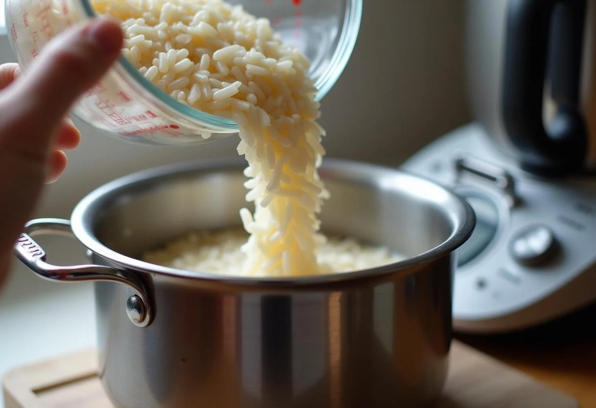Ingredientes para Arroz a la Cubana Thermomix listos, con el arroz ya medido para su cocción.
