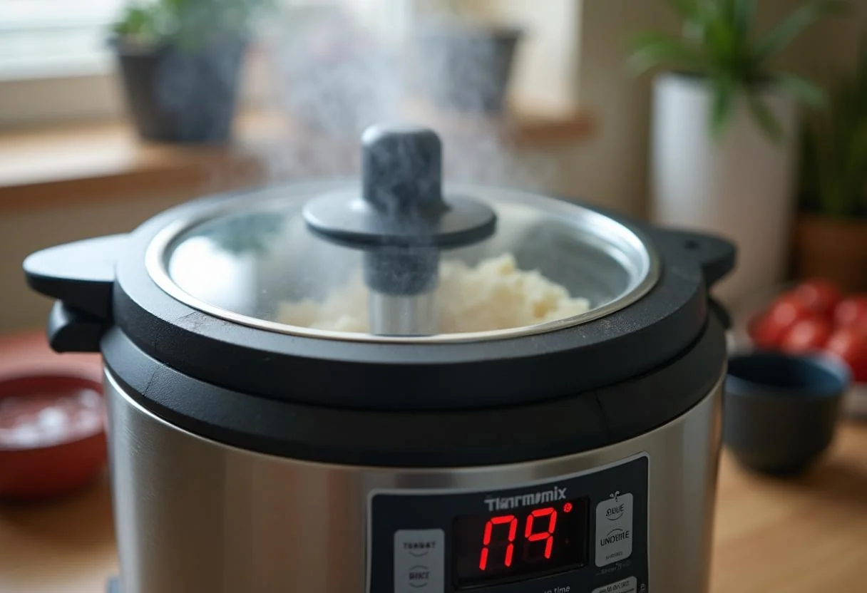 Thermomix cocinando el Arroz a la Cubana, mostrando el vapor y el temporizador digital en funcionamiento.