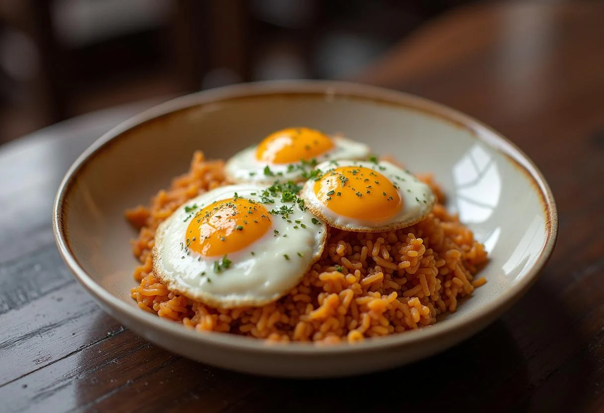 Un plato de Arroz a la Cubana con deliciosos acompañamientos, listo para disfrutar en la mesa.