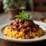Delicious arroz con carne picada served elegantly on a table, perfect for any meal.
