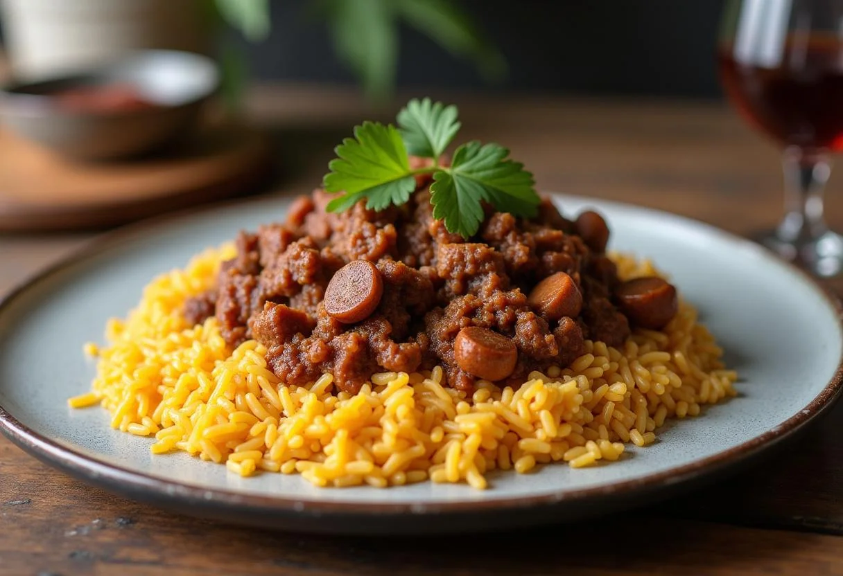 Delicious arroz con carne picada served elegantly on a table, perfect for any meal.
