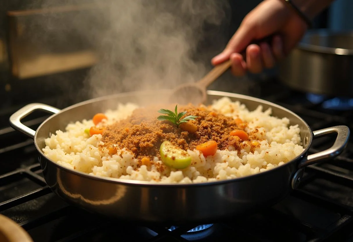 Cooking rice with spices and vegetables for arroz con carne picada.