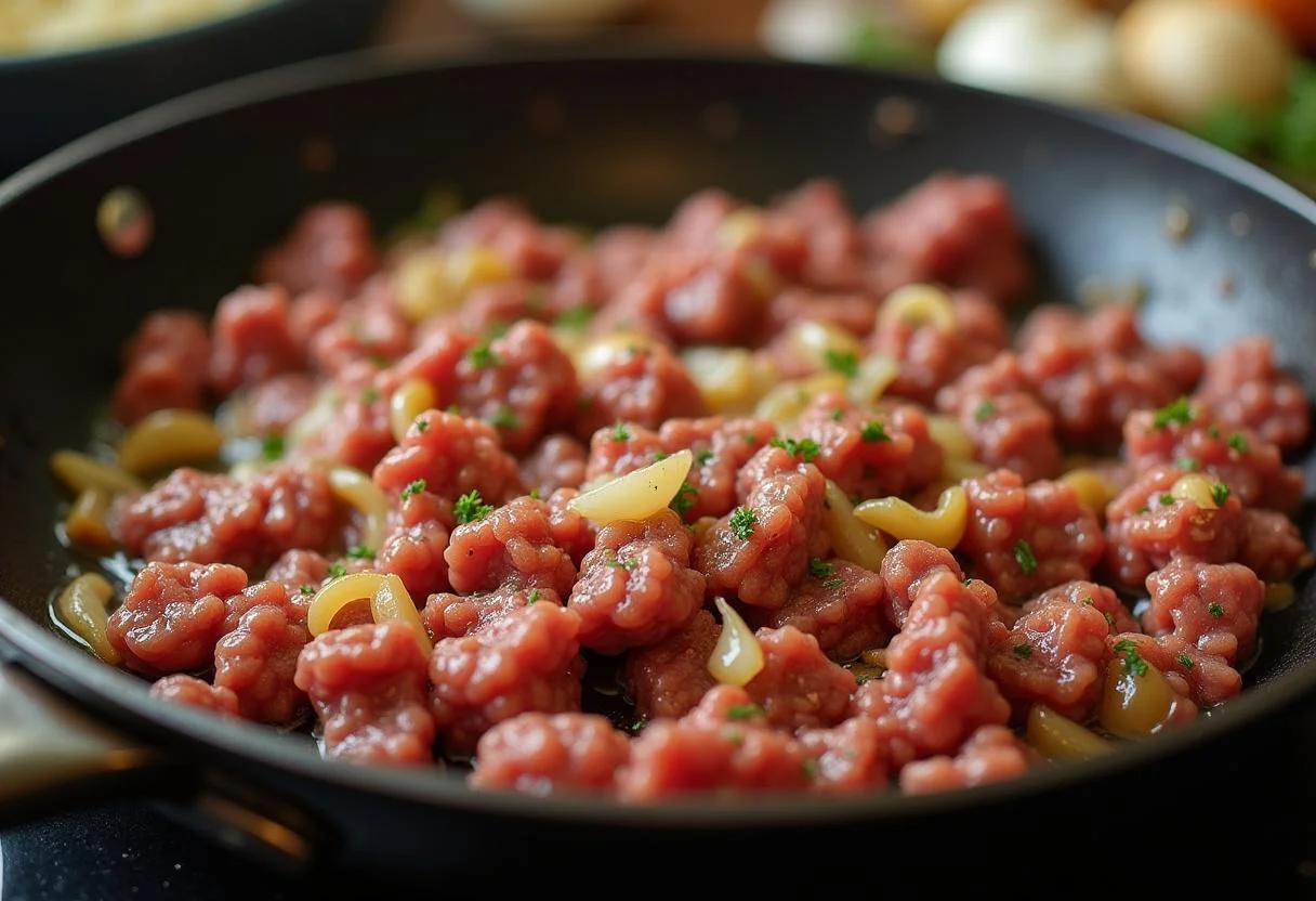 Browning ground beef with garlic and onions for making arroz con carne picada.