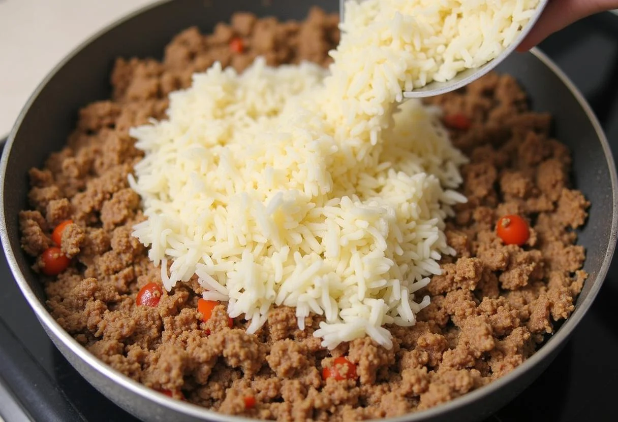Combining rice with seasoned ground beef in the preparation of arroz con carne picada.