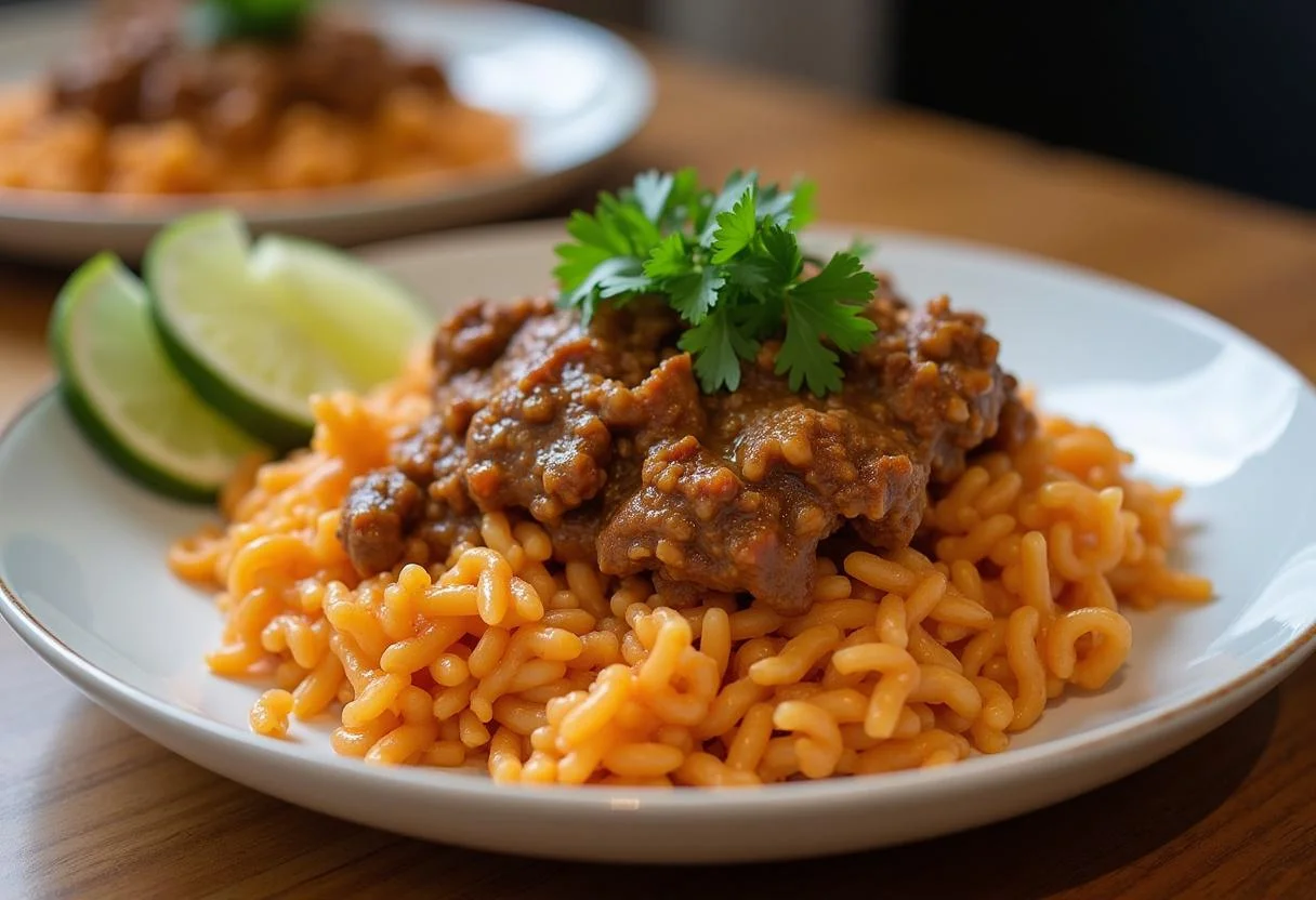 Garnished arroz con carne picada ready to serve, showcasing its vibrant colors.