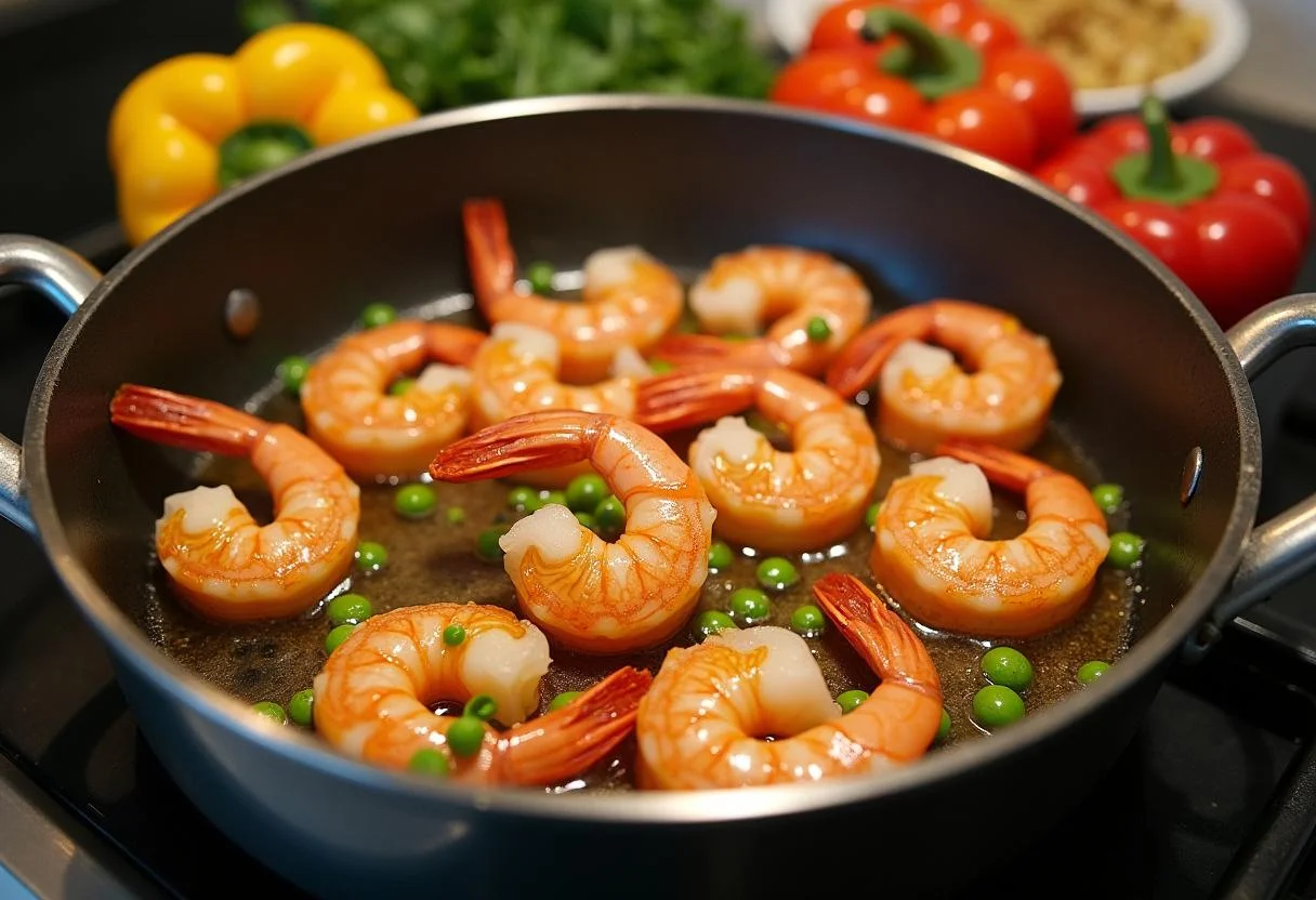 Gambas salteándose en aceite de oliva y ajo para la preparación del arroz con gambas.