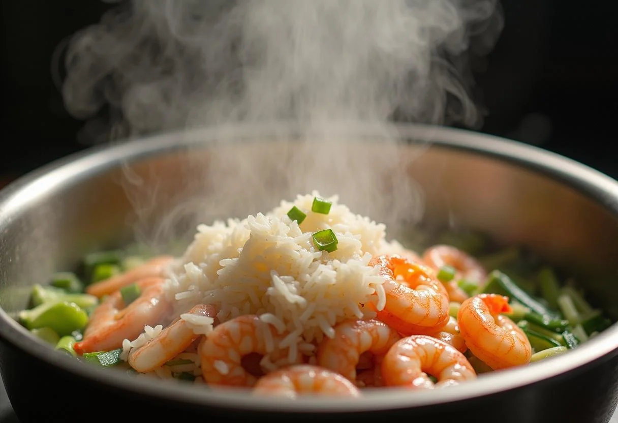 Arroz fresco añadido a la mezcla de gambas y verduras para el plato de arroz con gambas.