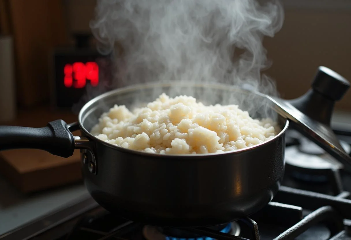 Olla de arroz con gambas tapada y cocinándose en la estufa a la perfección.