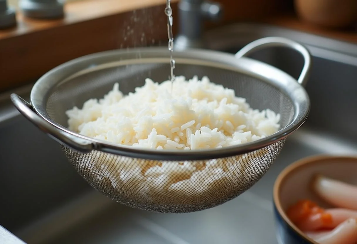 Enjuagando el arroz para la preparación del arroz con gambones, destacando los ingredientes frescos.