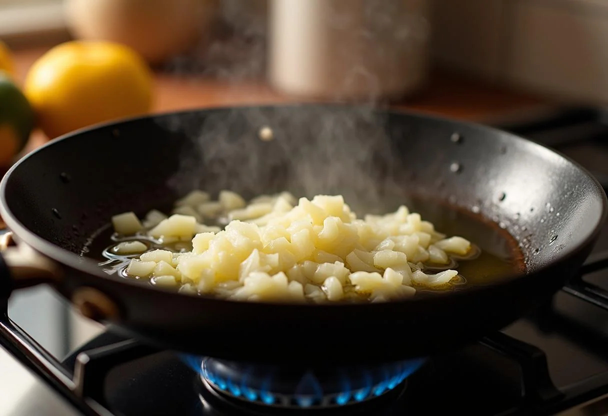 Sofriendo cebolla y ajo en aceite de oliva para un delicioso plato de arroz con gambones.