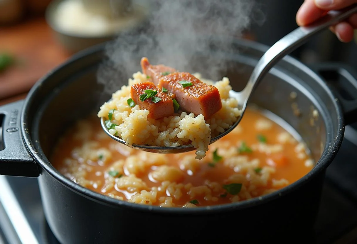 Cocinando a fuego lento arroz con gambones y especias para un plato festivo de arroz con gambones.