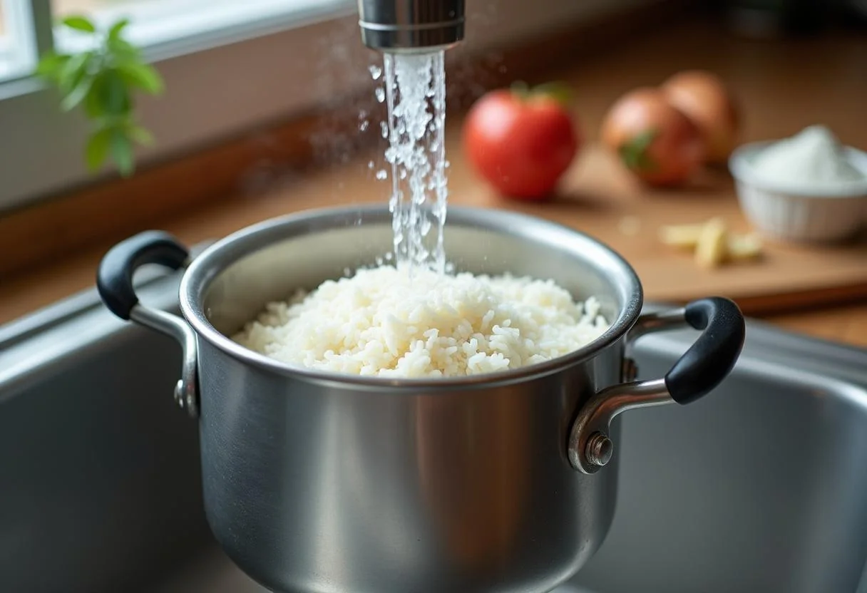 Enjuagando el arroz para preparar la receta de Arroz con Leche Asturiano.