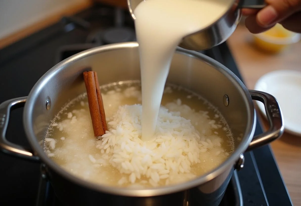 Hirviendo agua con canela para la preparación de Arroz con Leche Asturiano.
