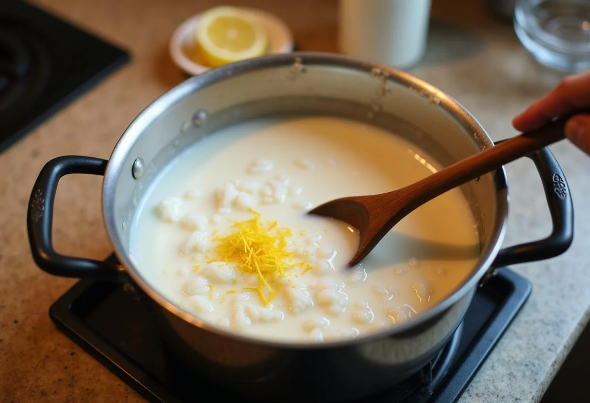 Removiendo el cremoso arroz con leche para la receta de Arroz con Leche Asturiano.