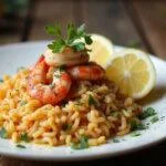 Finished arroz con pulpo y gambas, a delicious seafood rice dish perfect for any occasion.