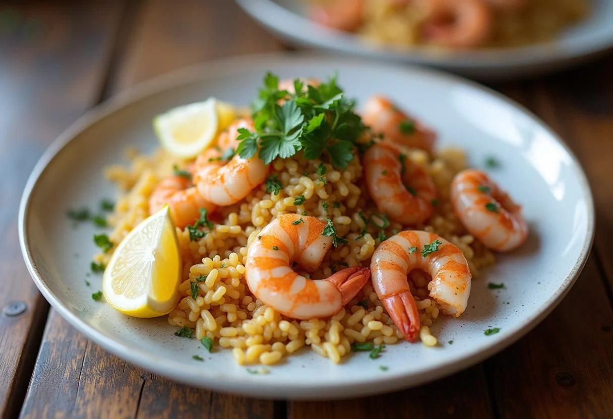 Finished arroz con pulpo y gambas, a delicious seafood rice dish perfect for any occasion.