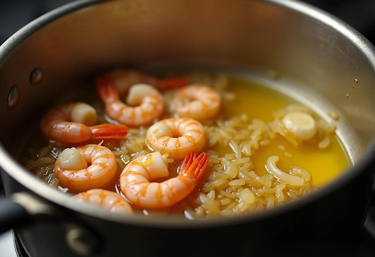 Heating olive oil in a pot for arroz con pulpo y gambas preparation.