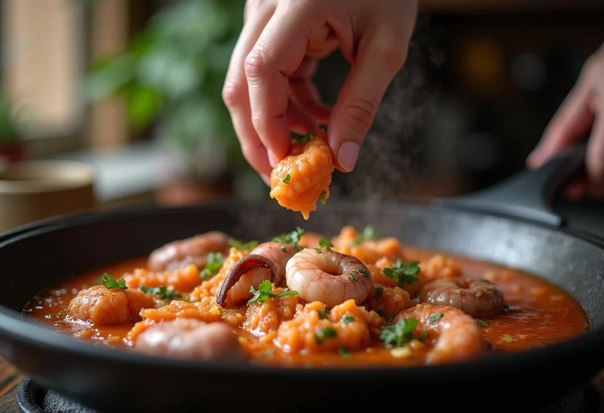 Adding octopus and shrimp to pot for preparing arroz con pulpo y gambas.