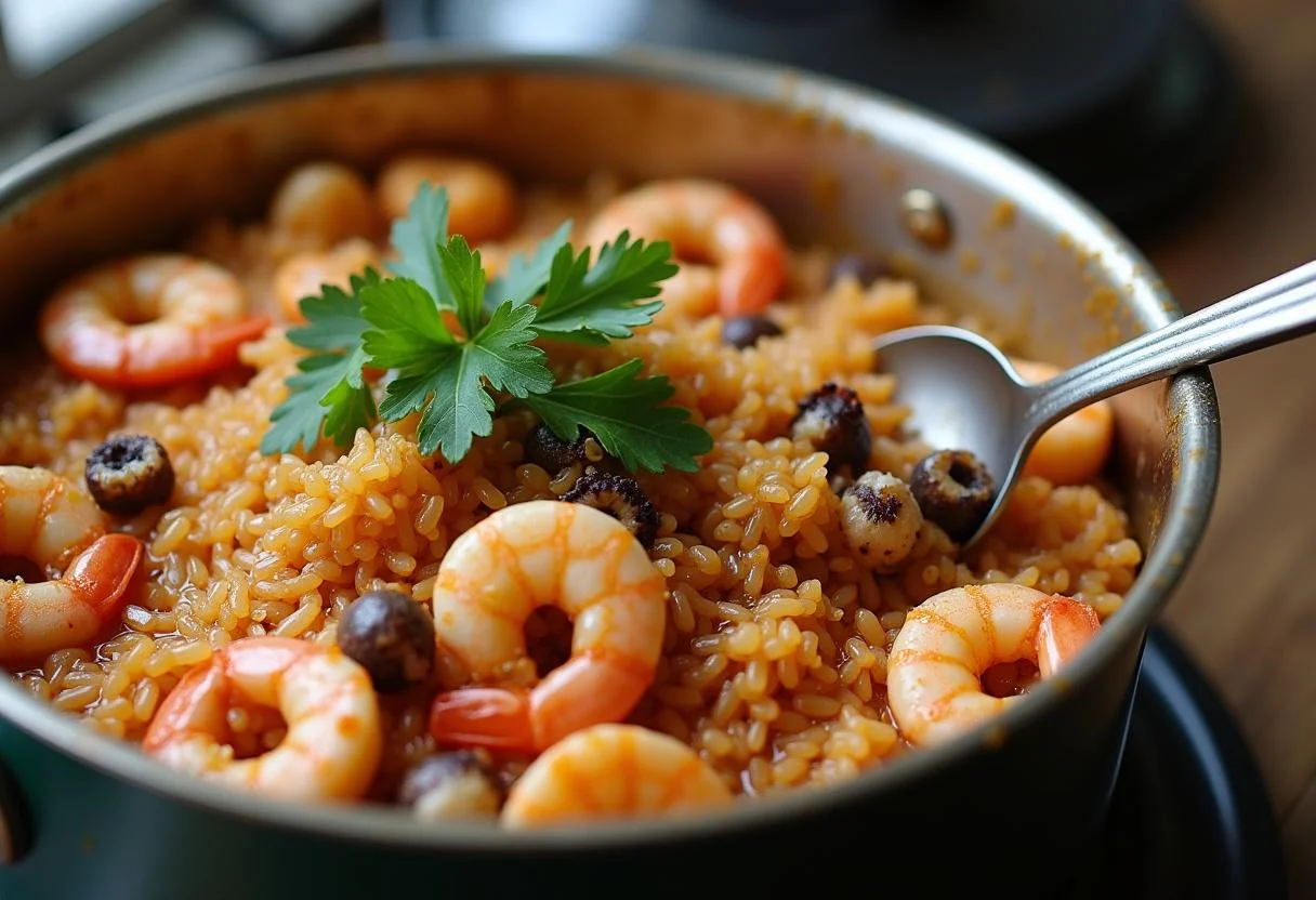Simmering arroz con pulpo y gambas in a pot ready to be served.