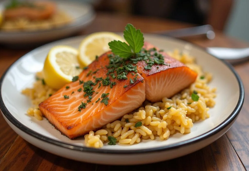 Delicious arroz con salmon fresco, a perfect seafood dish for any occasion.