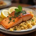 Delicious arroz con salmon fresco, a perfect seafood dish for any occasion.