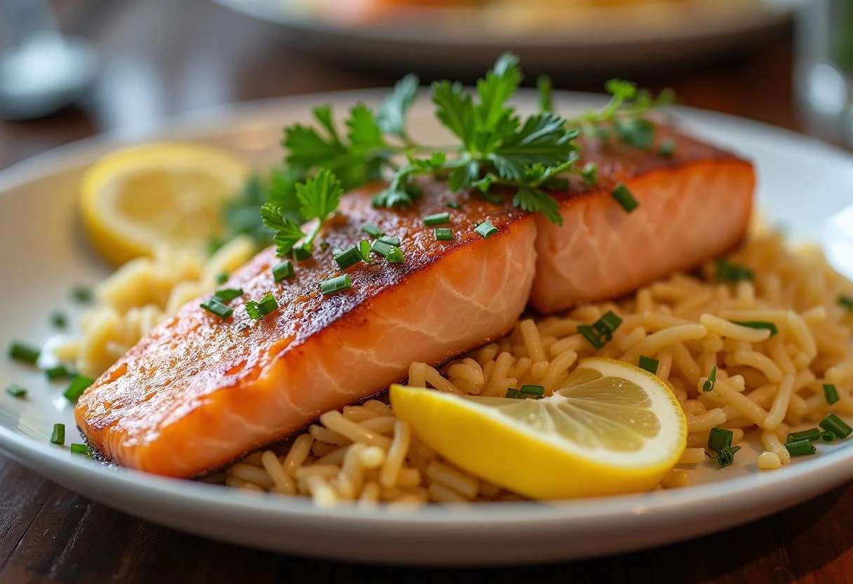 Delicioso arroz con salmón fresco, un plato de marisco perfecto para cualquier ocasión.