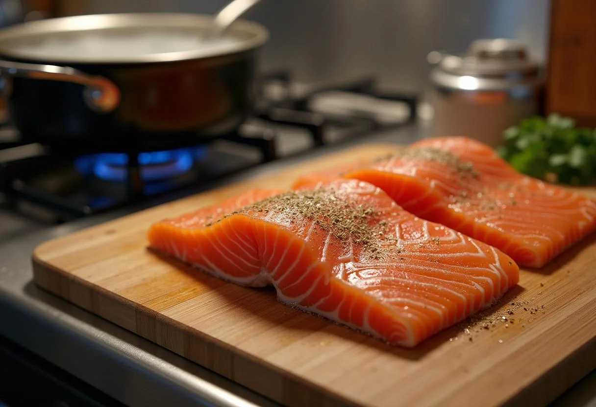 Hirviendo agua para cocinar los filetes de salmón para la receta de arroz con salmón fresco.