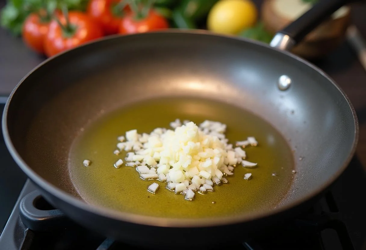 Sofriendo ajo y cebollas para la preparación del arroz con salmón fresco.