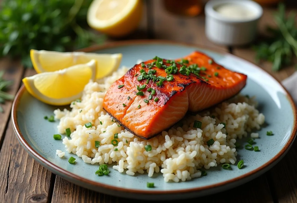 Sirviendo arroz con salmón fresco con hierbas y limón.
