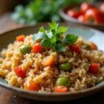Delicious bowl of Arroz con Setas decorated with herbs, perfect for a seasonal meal.