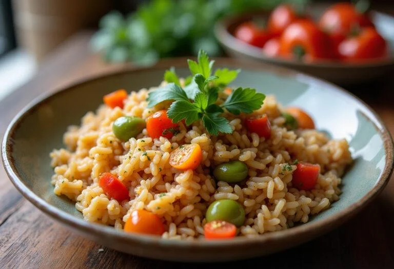 Delicious bowl of Arroz con Setas decorated with herbs, perfect for a seasonal meal.