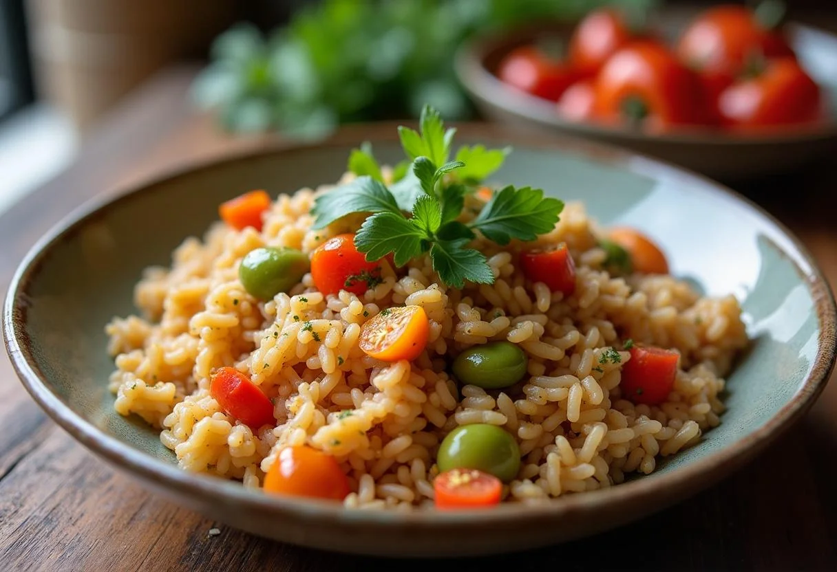 Delicious bowl of Arroz con Setas decorated with herbs, perfect for a seasonal meal.