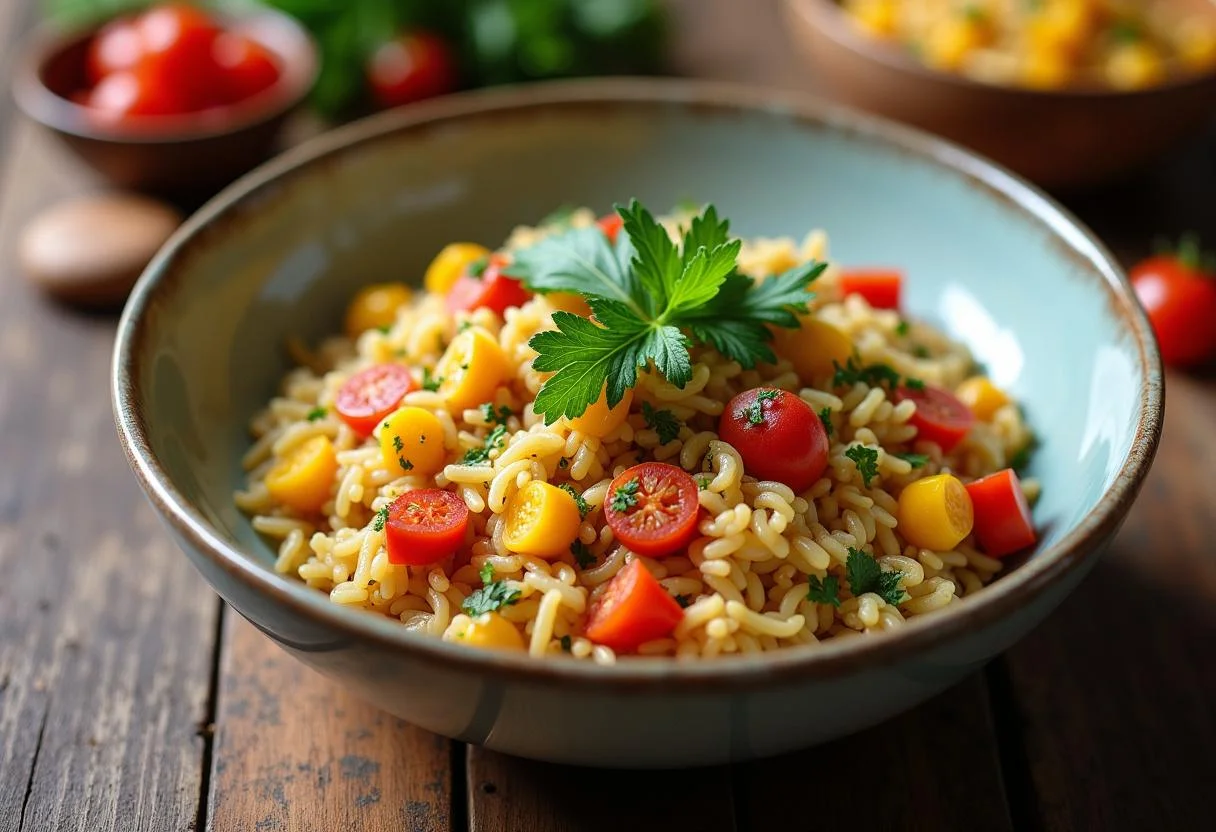 Delicioso plato de Arroz con Setas decorado con hierbas, perfecto para una comida de temporada.