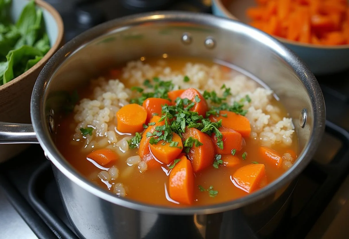 Añadiendo arroz lavado y caldo a una olla para el Arroz con Setas con verduras coloridas.