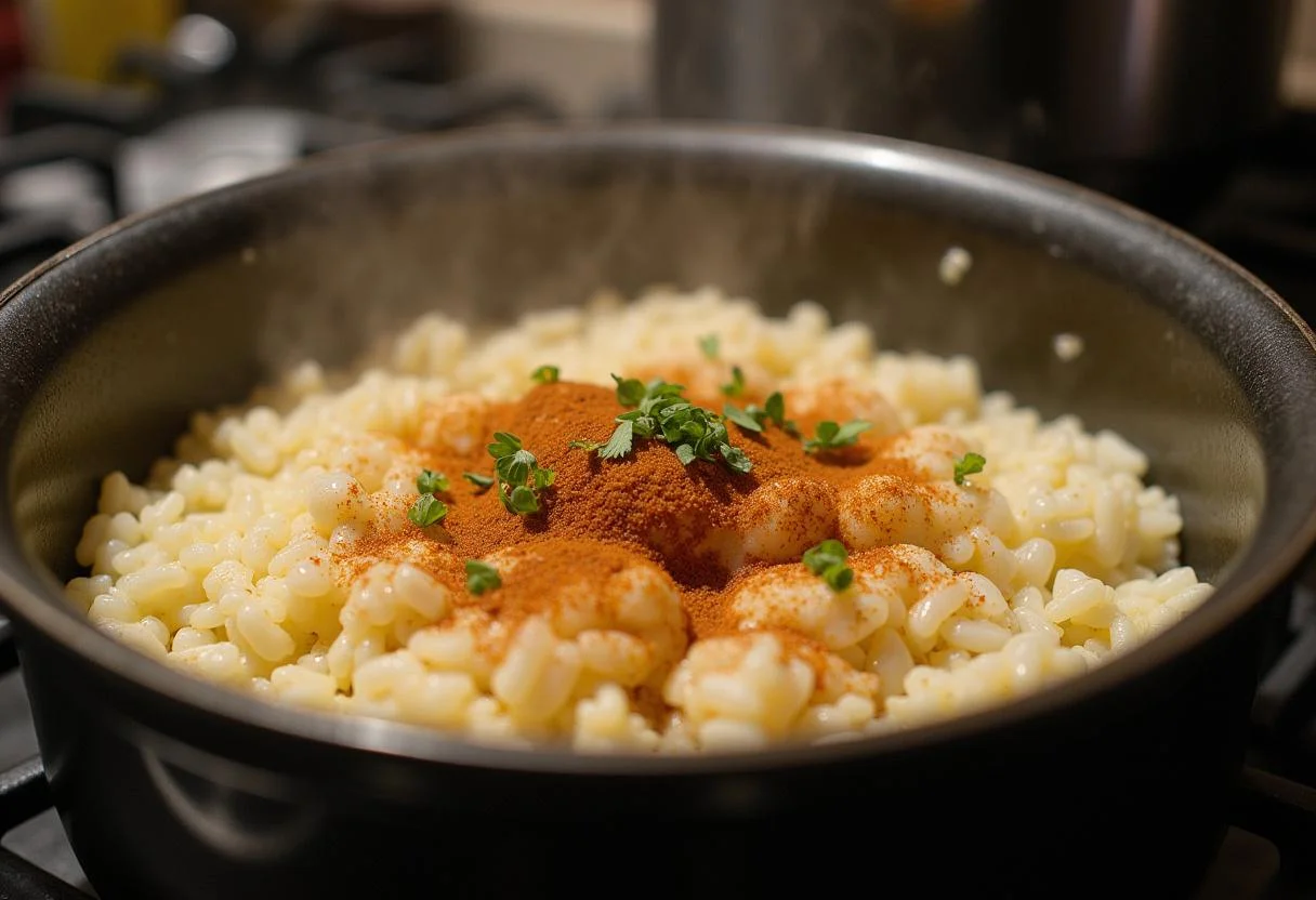 Olla burbujeante de Arroz con Setas en la estufa, mostrando hierbas y condimentos.