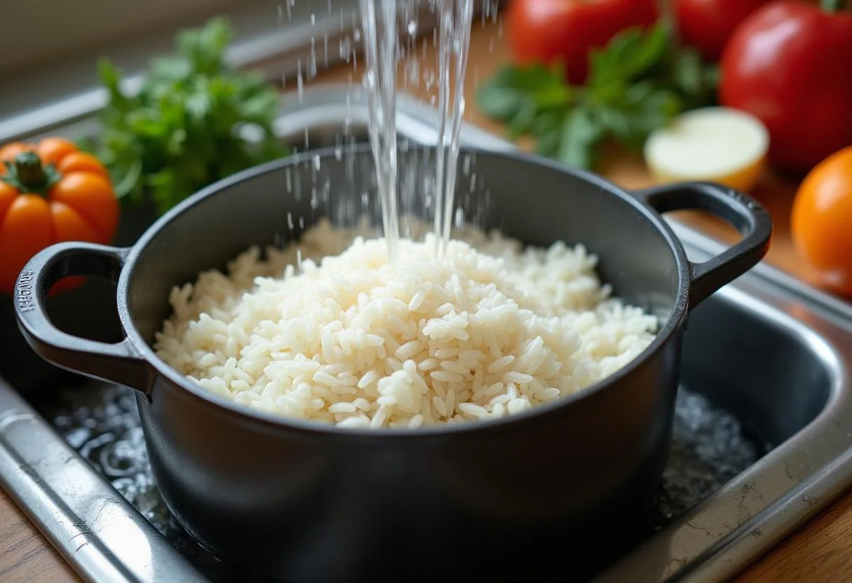 Arroz para risotto siendo enjuagado para preparar Risotto Cremoso.