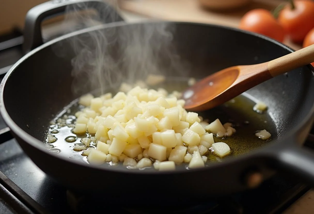 Cebollas picadas dorándose en aceite de oliva para el Risotto Cremoso.