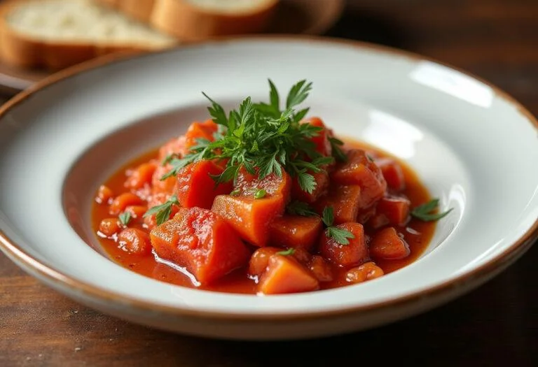Finished atun con tomate dish garnished with herbs, perfect for a delightful meal.