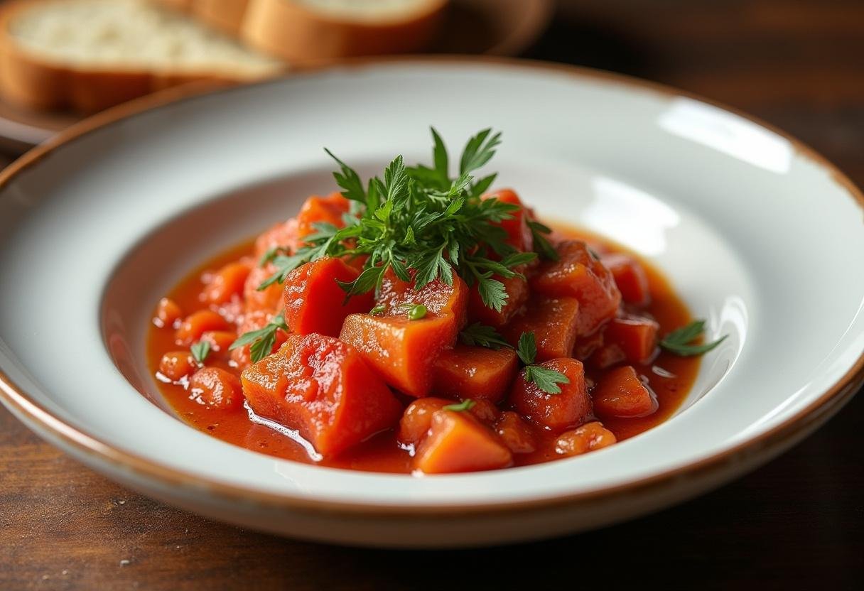 Finished atun con tomate dish garnished with herbs, perfect for a delightful meal.
