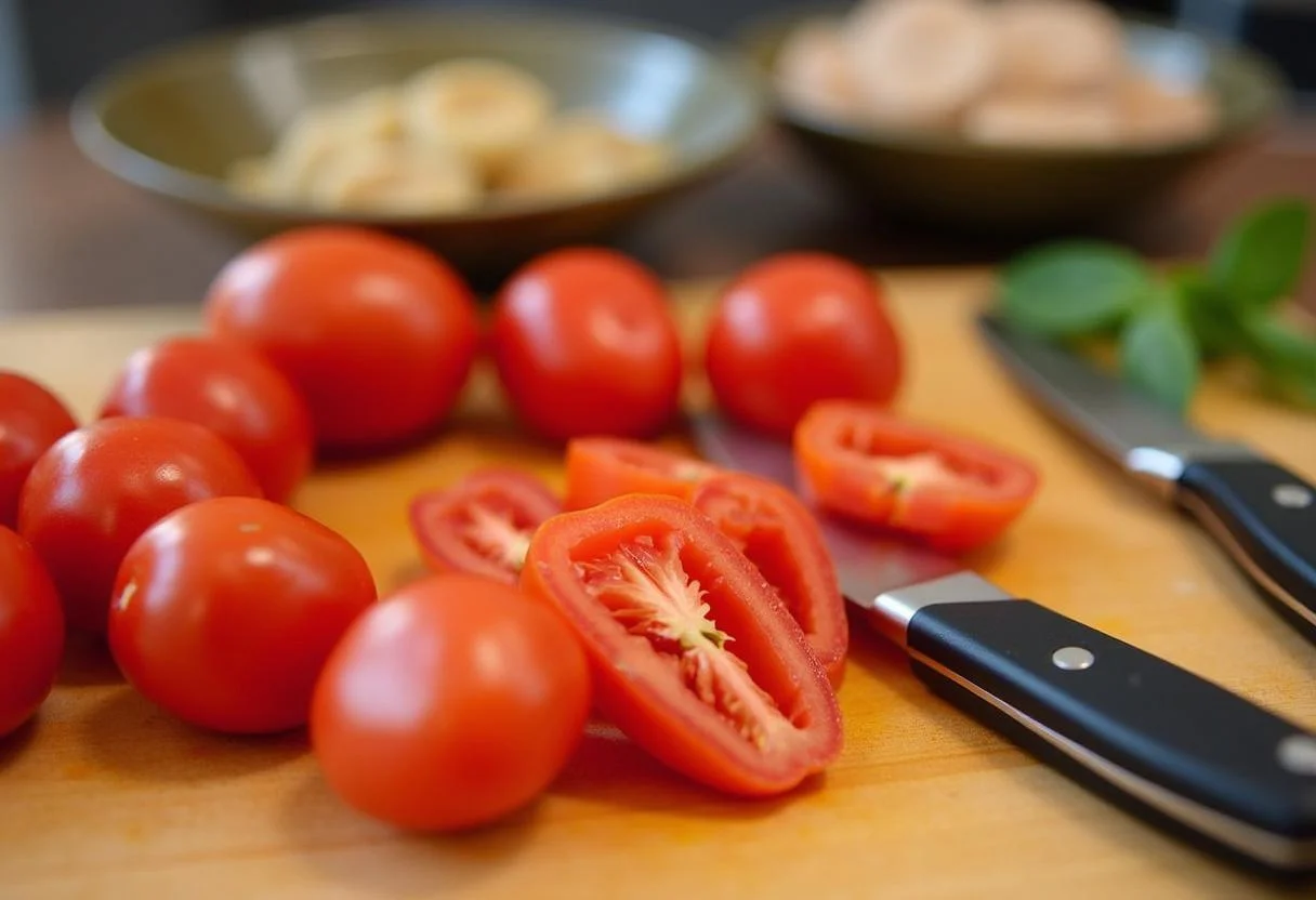 Tomates frescos en dados preparĂĄndose para el plato de atĂșn con tomate.