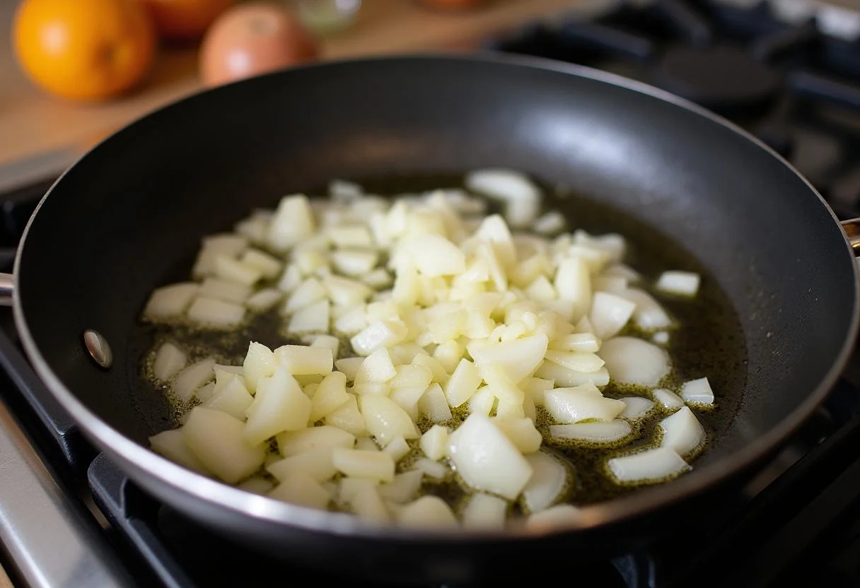 Cebollas chispeantes en una sartĂ©n para la preparaciĂłn del atĂșn con tomate.