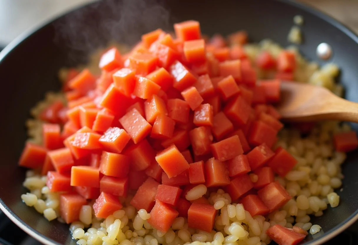 Tomates en dados que se añaden a las cebollas en una sartĂ©n para la receta de atĂșn con tomate.