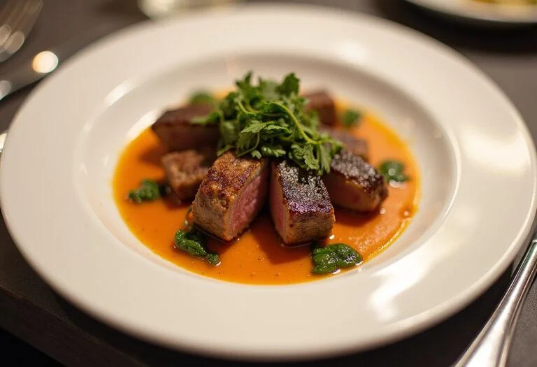 Finished babilla de ternera served elegantly on a plate with chimichurri sauce.